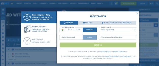 Registration window on 1xbet website