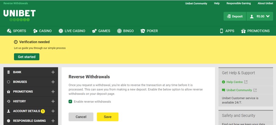 Reversing Withdrawal window on Unibet website