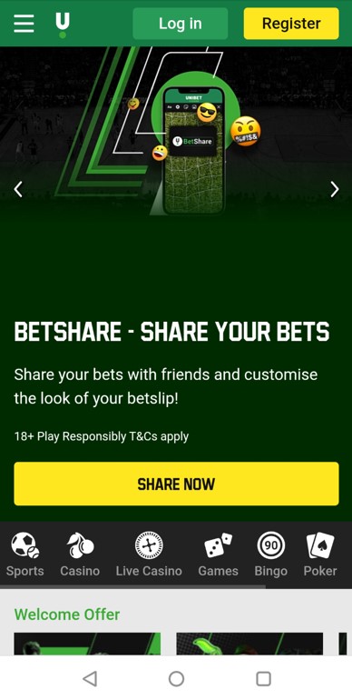 Unibet app screen on homepage