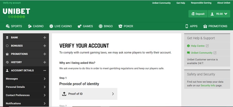 Account verification window on Unibet wesbite