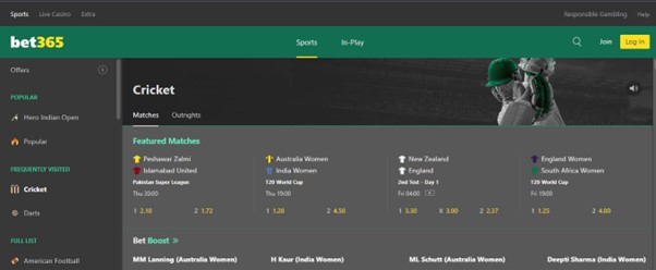 Cricket market on bet365 website