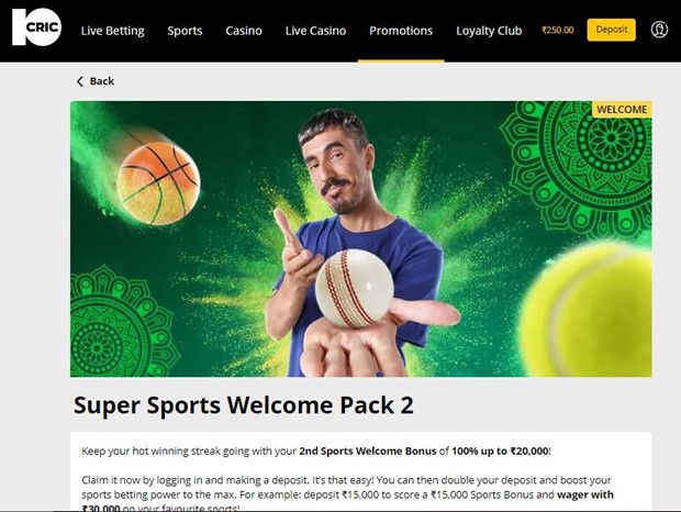 A screenshot taken from 10cric promotions showing a super sports welcome pack 