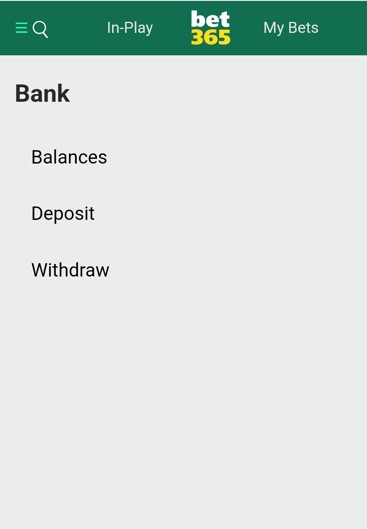 A screenshot showing the bank options on bet365