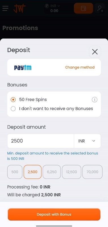 Promo code activation on Jungliwin Mobile App