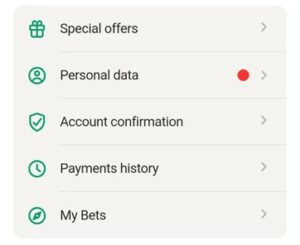 A screenshot taken from parimatch account showing account options available