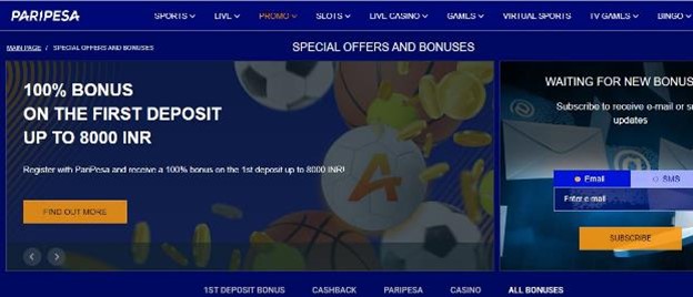 A screenshot taken from Paripesa showing the welcome offer