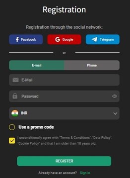 Registration window on Rajbet