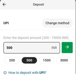 A screenshot showing the depositing steps on Parimatch using UPI