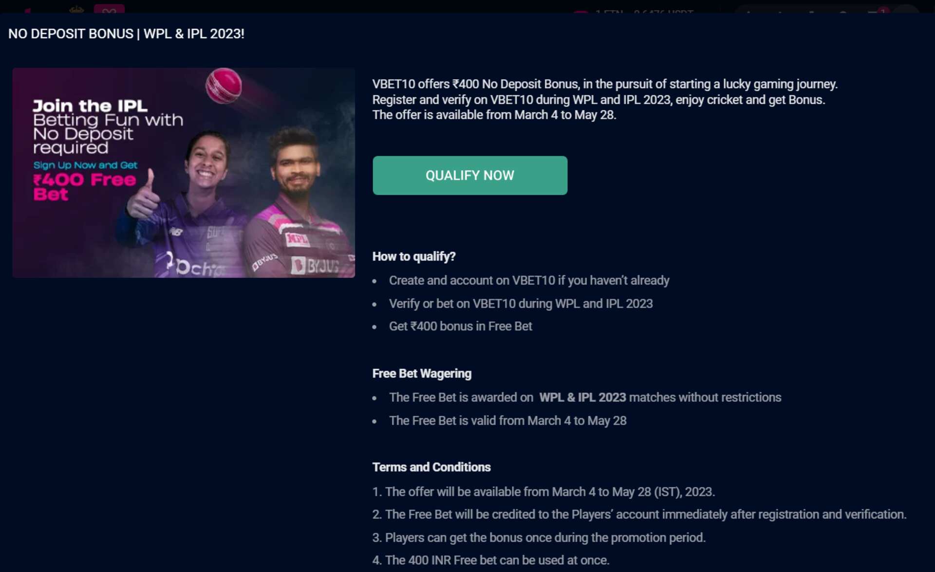 VBET no deposit bonus for the WPL & IPL in 2023