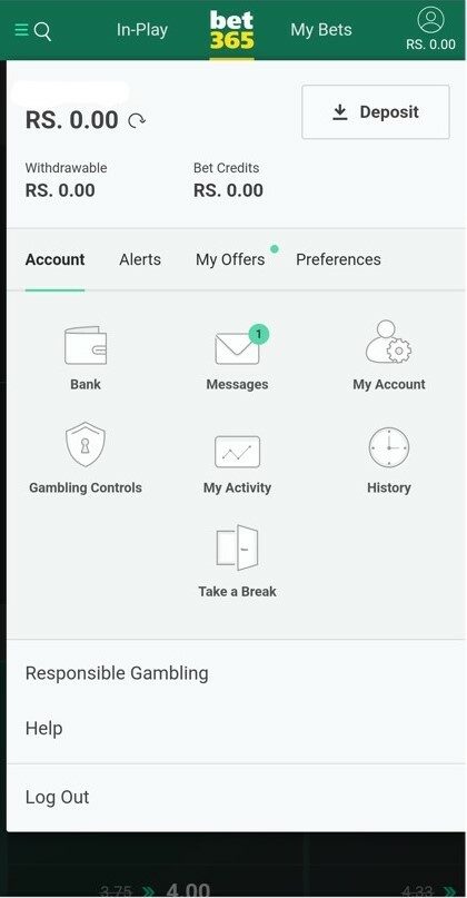 A screenshot showing the account details on bet365 mobile app