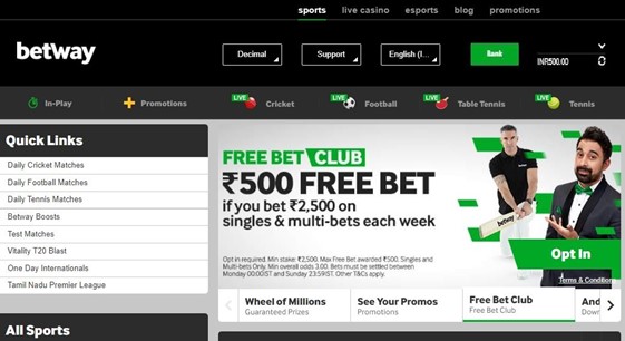 A screenshot of the free bet offer available on Betway