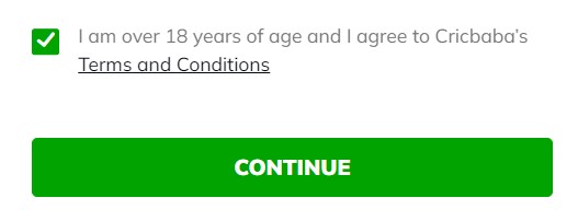 Screenshot of the checkbox to be ticked on the Cricbaba website by the user, confirming they are over 18 years of age