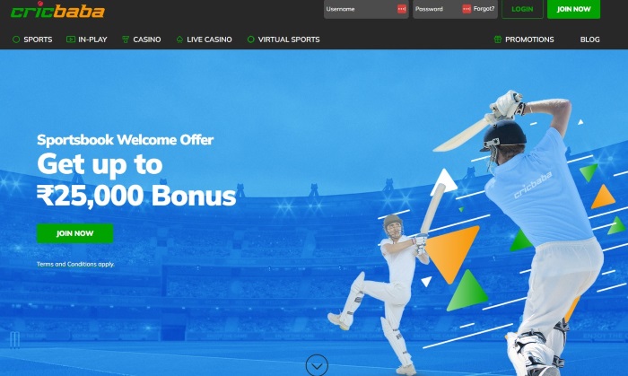 Screenshot of the Sportsbook Welcome Offer at Cricbaba: Get up to ₹25,000 Bonus