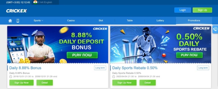 Screenshot of the Promotions section at Crickex