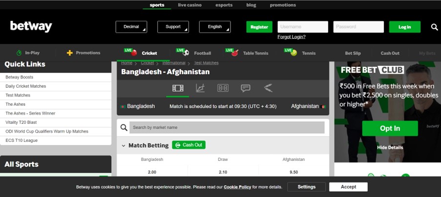  A screenshot of cricket market on betway website