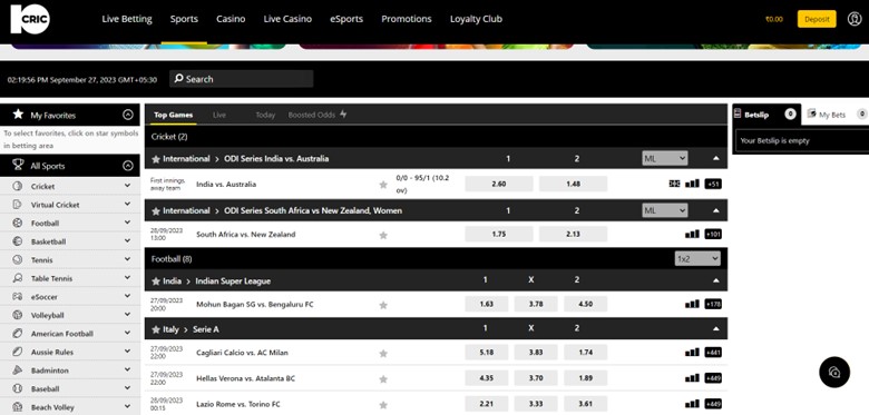 Cricket market on 10cric website