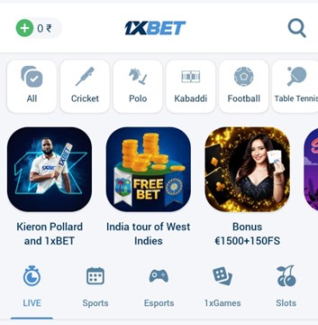 A screenshot showing live games on 1xbet