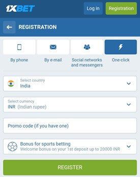 A screenshot of 1xbet mobile app showing reistration through one click