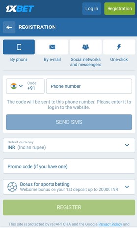 A screenshot of 1xbet registration window on app