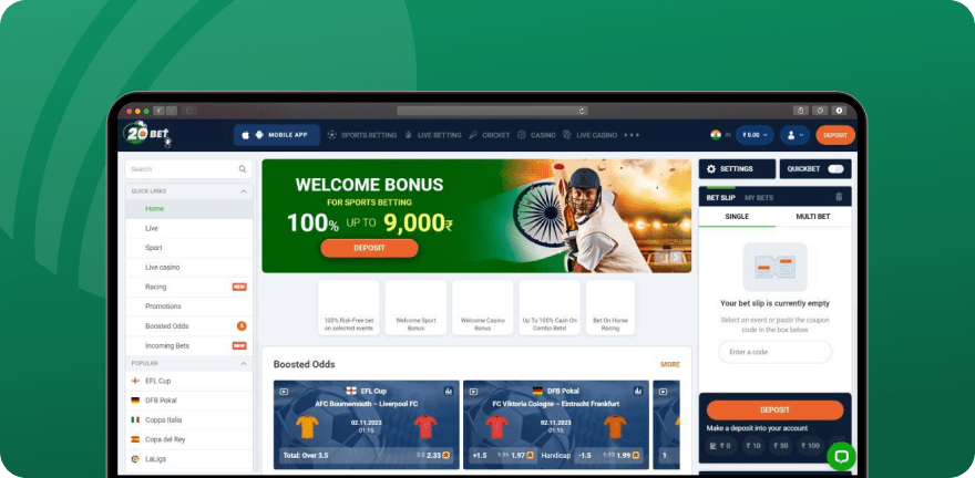 Screenshot of the 20Bet welcome bonus for sports betting, in INR.