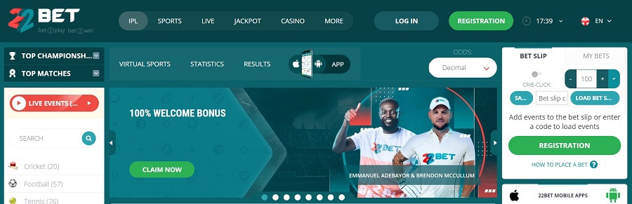 Welcome offer on 22bet website
