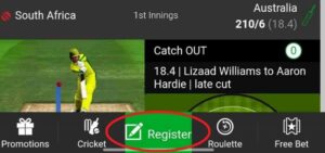 Register button available on betway app