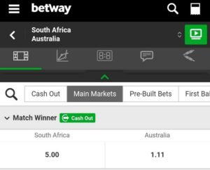 A screenshot taken from betway app showing the main cricket market