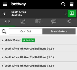 A screenshot taken from betway app showing the matches available on the cricket market