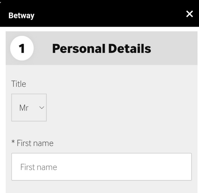 A screenshot taken from betway app showing the personal details screen while signing up