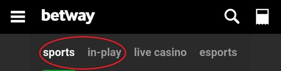 A screenshot taken from betway app, showing the sports menu