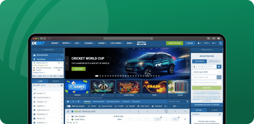 Screenshot showing a Cricket World Cup banner on 1xBet.