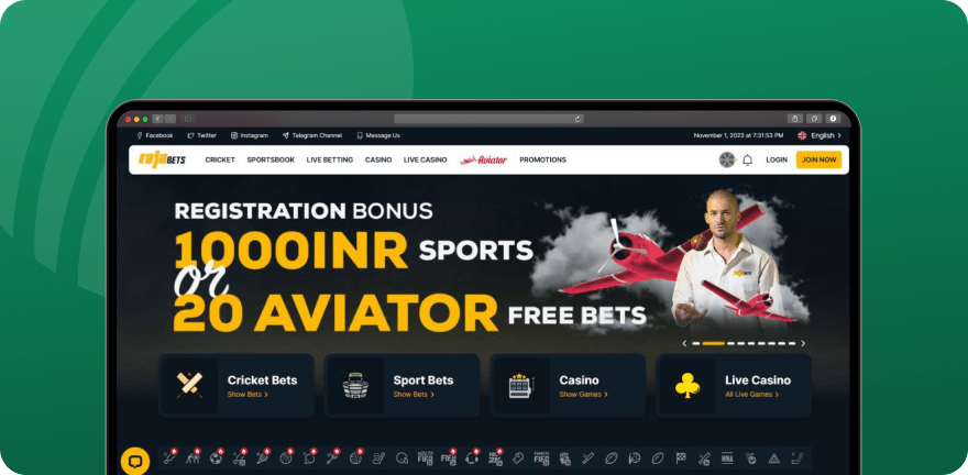 Screenshot of the sports registration bonus on Rajabets, in INR.