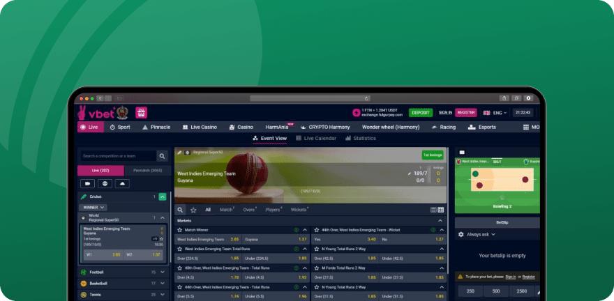 Screenshot of the Live section on VBET, showing the odds of the West Indies Emerging Team - Guyana.