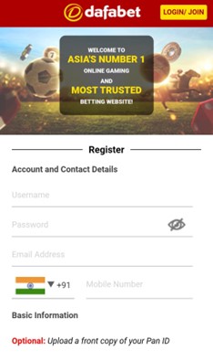 A screenshot taken from dafabet mobile app showing the registration window