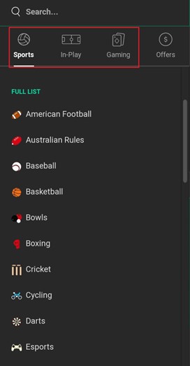 A screenshots of the sports market available on bet365 app