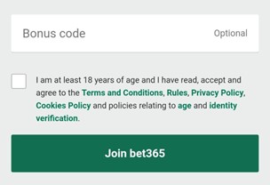 A screenshot showing the bonus code window on bet365 app