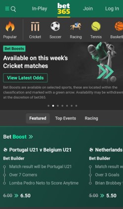 A screenshot of cricket market on bet365 app