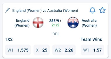  a screenshot of england vs australia match odds on 1xBet