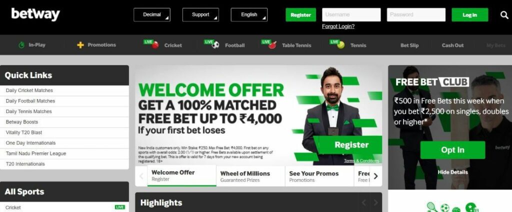 A screenshot of welcome offer on Betway