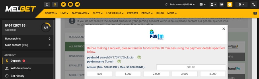 Paytm Depositing Window on Melbet