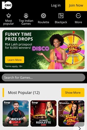 A screenshot of most popular games on 10cric mobile app