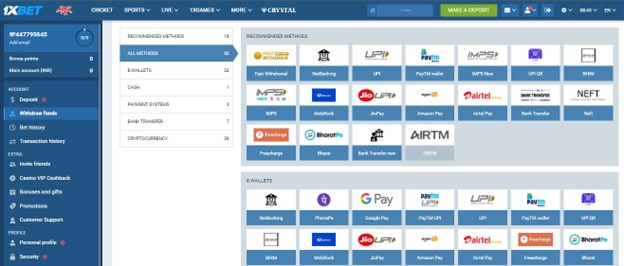 A screenshot showing the withdrawal methods available on 1xbet