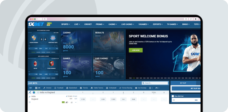 A screenshot of 1xbet website showing welcome offer