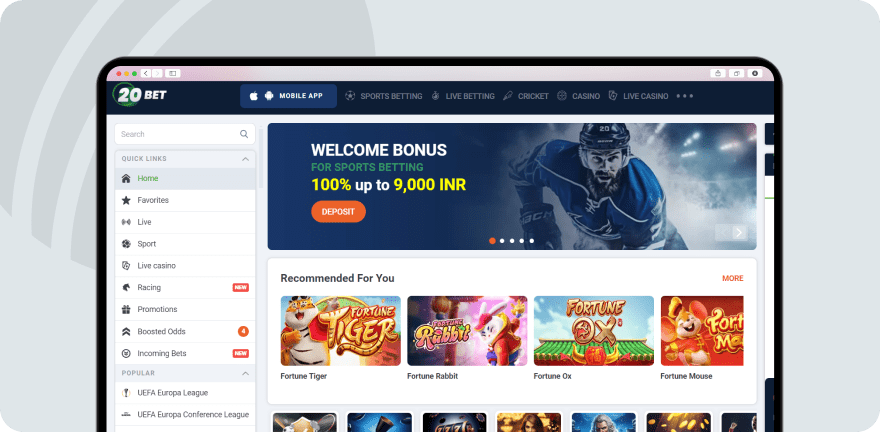 A screenshot of 20bet showing homepage and welcome offer