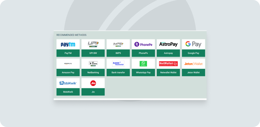 A screenshot of the payment methods available on Betwinner