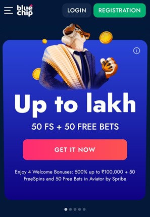 A screenshot of Bluechip mobile app showing welcome offer for casino