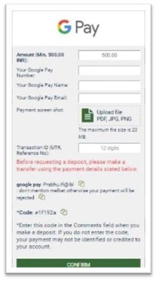 A screenshot showing the depositing fields for google pay