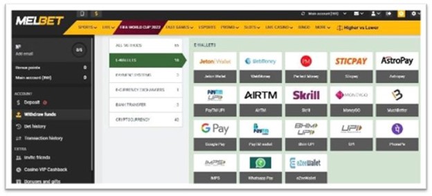A screenshot showing the deposit methods available on melbet website