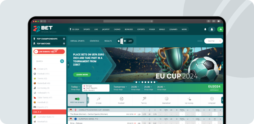 22bet offers and live results