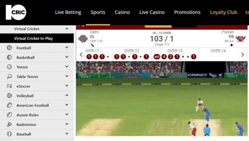 A screenshot of virtual cricket in-play on 10cric